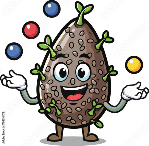 sprouting seed mascot skillfully juggles colorful orbs, embodying growth and playful mastery, isolated on transparent background