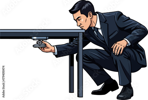 stealthy professional attaches discreet monitoring device underneath meeting table, isolated on transparent background