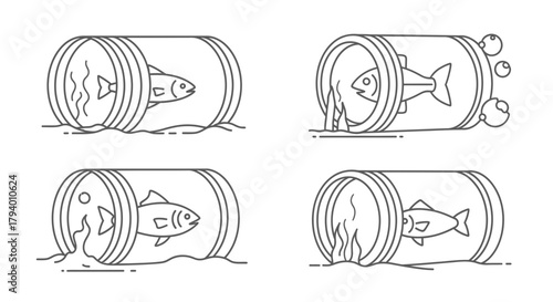 Captivating line art depicts fish trapped in pollution pipes symbolizing environmental crisis and ecological disaster with a sense of urgency