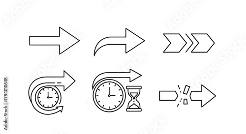 Dynamic arrows and time icons symbolizing progress, speed, and transitions for modern business and project management presentations