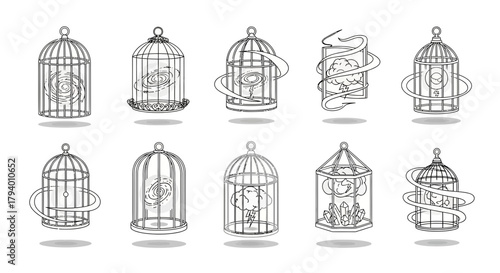 Captivating birdcages holding abstract concepts like galaxies and storms symbolizing freedom or confinement for creative projects