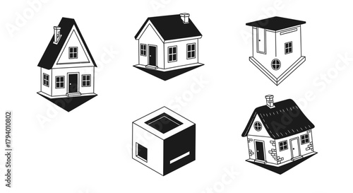 Diverse modern and classic house icons showcase unique architectural styles and building concepts with clean lines for design projects.