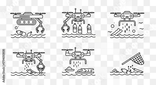 Innovative drones actively cleaning ocean pollution, collecting plastic waste and debris for a healthier planet, showcasing environmental solutions and technology.