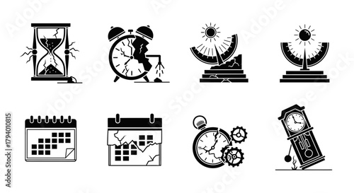Illustrating the concept of time running out with broken clocks, hourglasses and calendars signifying urgency and deadlines