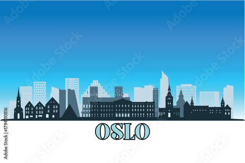 Global city Oslo shown in a detailed vector skyline with a bright blue sky