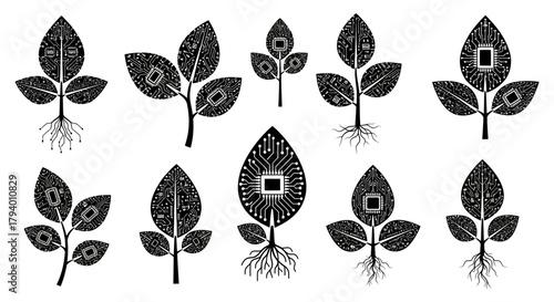 Discover innovative technology growth with circuit board leaves and roots symbolizing digital nature and future development