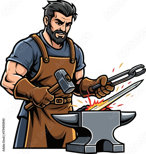 the seasoned artisan meticulously shapes the fiery blade, embodying ancient craft and strength, isolated on transparent background