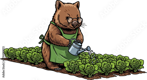thoughtful wombat waters flourishing green crops, embracing sustainable growth and peaceful routines, isolated on transparent background