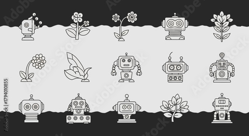 Charming collection of cute retro robots and botanical elements in a delightful line art style, perfect for creative projects.