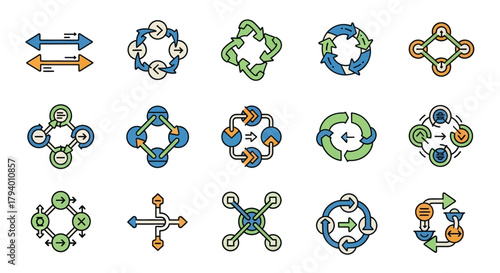 Dynamic cycle diagrams representing process flow, data exchange, and strategic planning for modern business innovation and growth