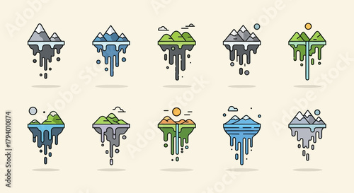 Vibrant floating islands with diverse landscapes and waterfalls, perfect for game assets, concept art, or educational materials.