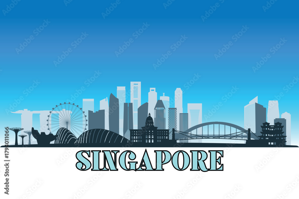 Fototapeta premium Global city Singapore shown in a detailed vector skyline with a bright blue sky