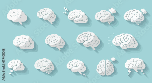 Dynamic collection of stylized brain icons representing thoughts ideas and mental processes perfect for innovative business concepts