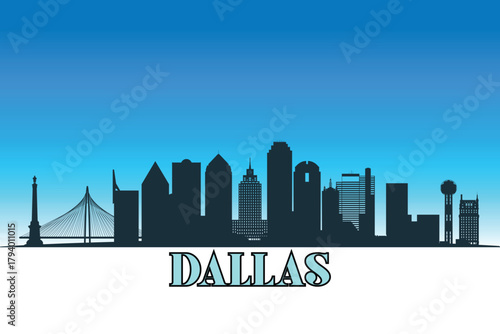 Global city Dallas shown in a detailed vector skyline with a bright blue sky