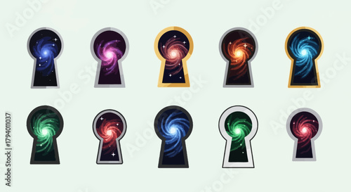 Unlock cosmic wonders through diverse keyhole portals revealing vibrant swirling galaxies and distant stars in a captivating visual collection
