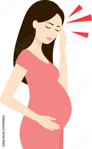 Pregnant Woman Having a Severe Headache or Migraine. Health Symptom During Pregnancy, Pain and Discomfort Vector Illustration.