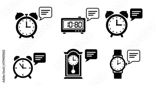 Collection of iconic timepieces including alarm clocks, digital display, grandfather clock, and wristwatch all communicating important alerts and notifications with speech bubbles