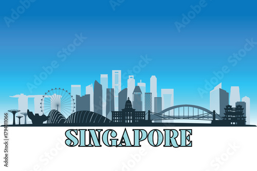 Global city Singapore shown in a detailed vector skyline with a bright blue sky
