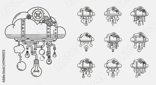 Innovative cloud computing concept with intricate gears and glowing idea lightbulbs symbolizing creativity and technological advancement