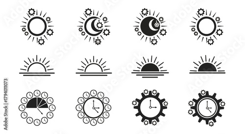 Dynamic set of modern icons symbolizing time, sunrise, sunset, day, night, and mechanical precision with gears and clocks.