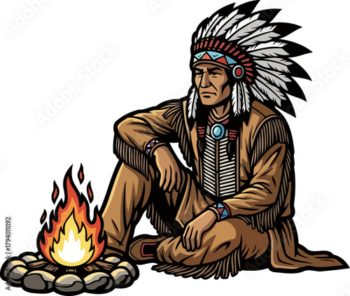 tribal elder finds quiet wisdom beside the flickering flames of tradition, isolated on transparent background