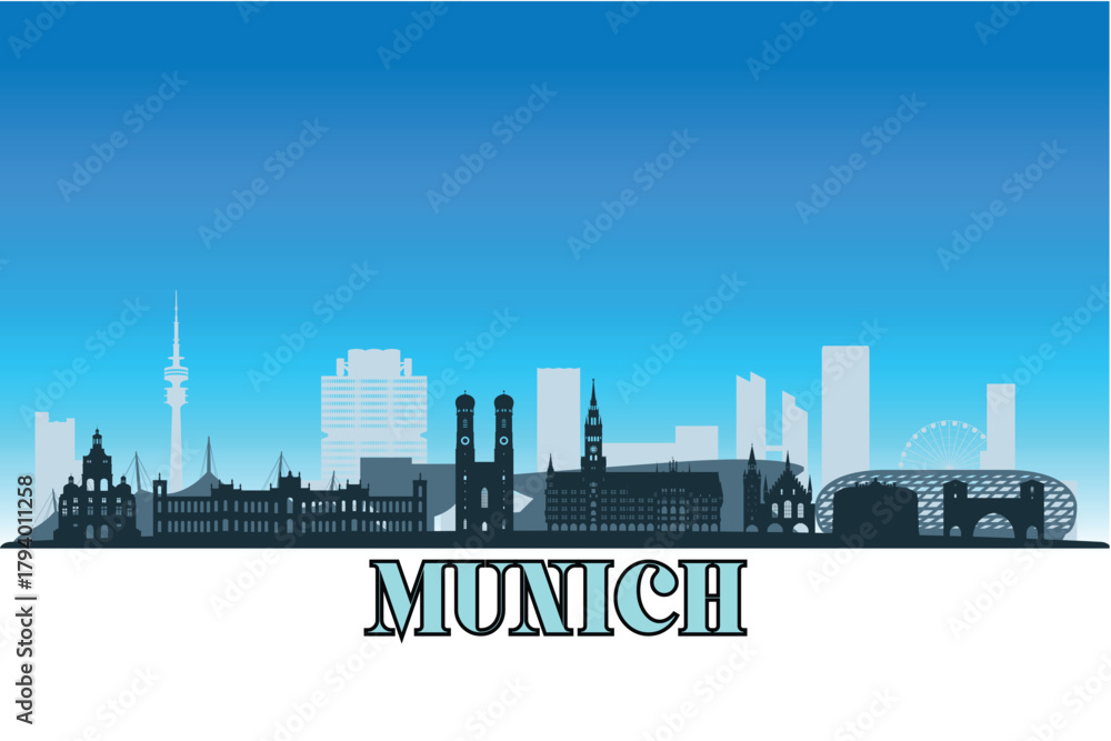 Naklejka premium Global city Munich shown in a detailed vector skyline with a bright blue sky