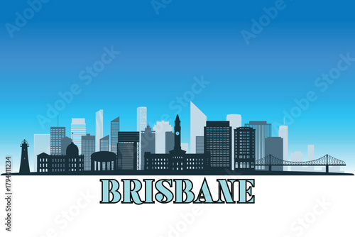 Global city Brisbane shown in a detailed vector skyline with a bright blue sky