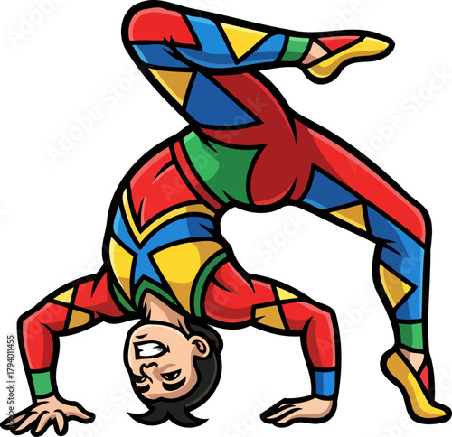 vibrant cartoon acrobat defies gravity with joyful backbend and artistic flourish, isolated on transparent background
