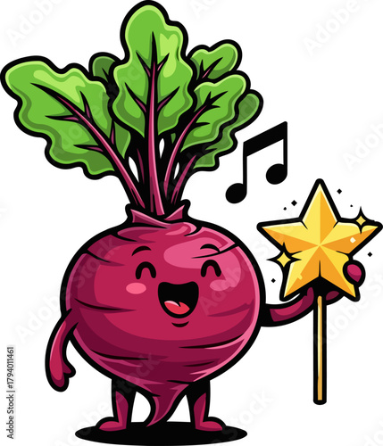 vibrant beet magician chants cheerful spells with its sparkling star wand, isolated on transparent background