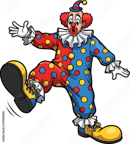 vibrant cartoon clown stumbles in shock, delivering hilarious visual comedy, isolated on transparent background