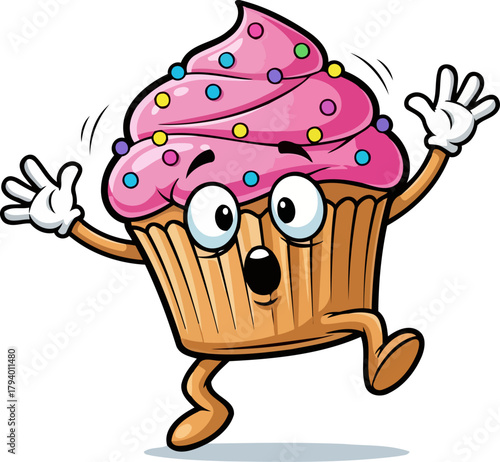 vibrant cupcake character recoils in sudden, delightful alarm, experiencing a sugary shock, isolated on transparent background