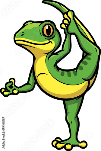 vibrant green reptile gracefully executes a challenging yoga stretch, embodying flexibility and calm, isolated on transparent background