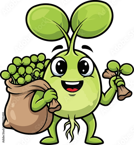 vibrant green sprout character cheerfully harvests and offers its fresh, healthy produce, isolated on transparent background