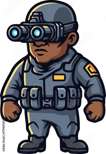 vigilant tactical guard prepared for surveillance with advanced night vision gear, isolated on transparent background