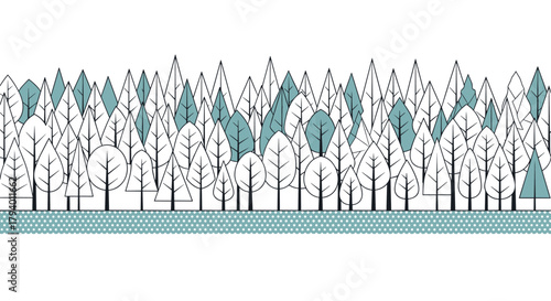 Minimalist graphic illustration of a whimsical forest featuring a mix of outlined and teal trees on a dotted teal ground.
