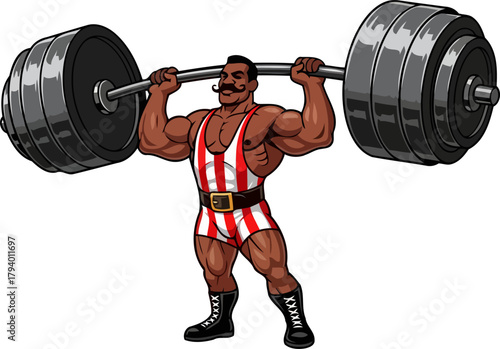 vintage powerhouse muscular strongman lifts immense barbell with unyielding determination, isolated on transparent background