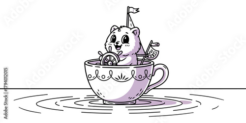 whimsical bear captain embarks on a sweet teacup voyage, steering through imagination, isolated on transparent background