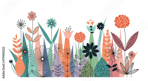 A charming and colorful illustration of a stylized flower garden with various unique plant shapes and textures.