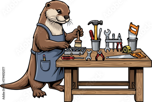 whimsical otter tradesman immersed in home improvement with essential workshop gear, isolated on transparent background