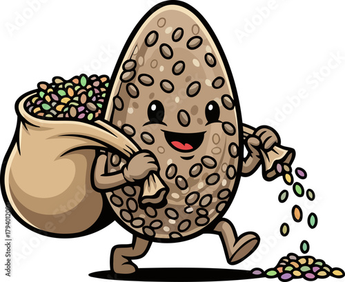 whimsical seed ambassador generously scattering colorful potential for growth and happiness, isolated on transparent background