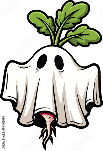 whimsical spooky radish character in a ghost costume for autumn harvest celebrations, isolated on transparent background