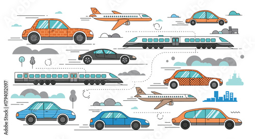 Diverse set of transportation methods featuring cars, trains, and aircraft moving across a clean background.