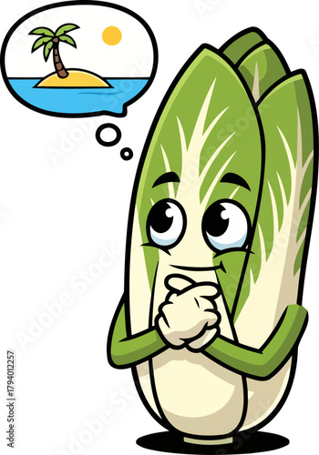 wholesome green chicory character daydreaming of a perfect tropical island escape, isolated on transparent background