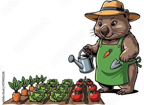 wholesome wombat diligently waters his growing garden, celebrating fresh, sustainable harvests, isolated on transparent background