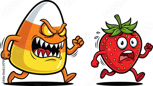 wicked candy corn mascot relentlessly pursues scared strawberry, highlighting dietary battles, isolated on transparent background