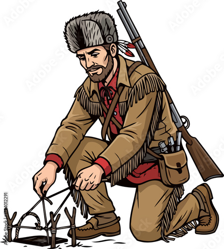 wilderness craftsman skillfully prepares a clever snare, mastering the untamed frontier, isolated on transparent background