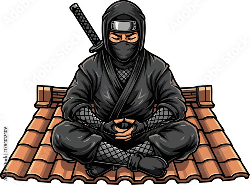 zen assassins contemplation blackclad figure achieves harmony on ancient roof, isolated on transparent background