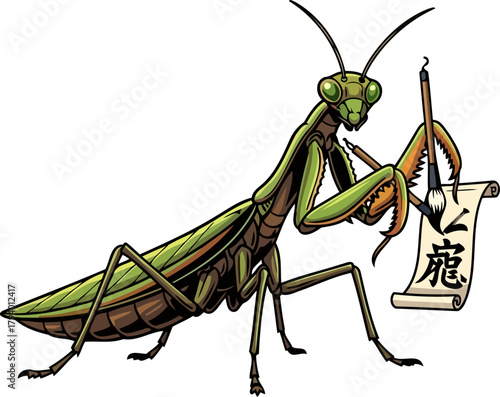zen mantis quietly practices timeless calligraphy, embodying unexpected wisdom and delicate artistry, isolated on transparent background