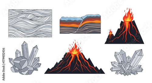 Geological processes and formations are illustrated through diagrams of folded rock layers, a fault, erupting volcanoes, and crystal clusters.