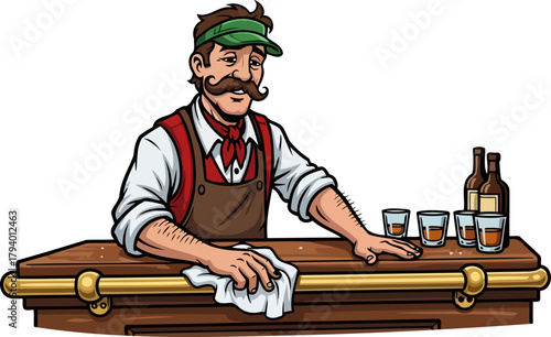 a diligent bartender wipes down his authentic bar with classic attention to detail, isolated on transparent background